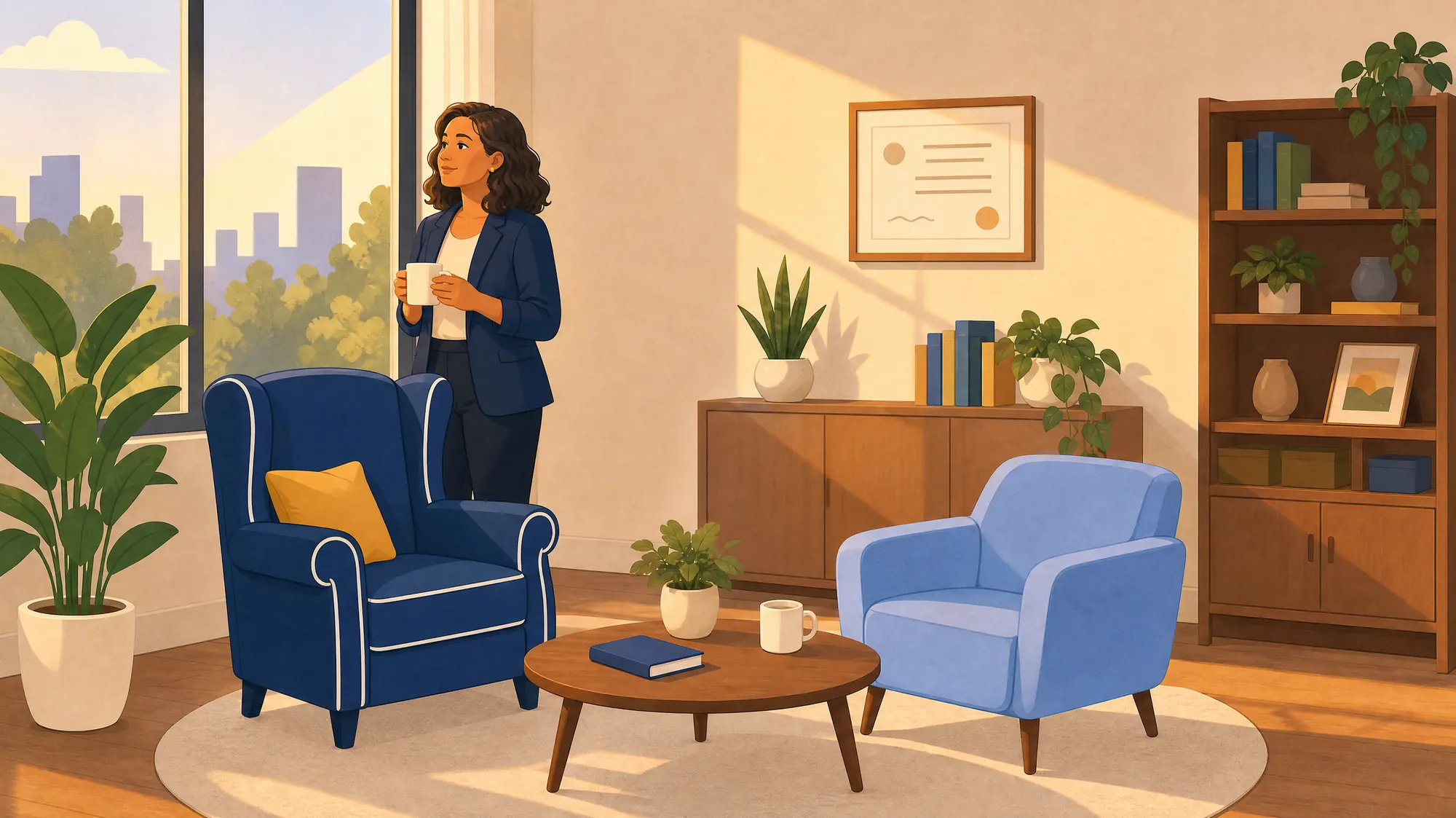 Illustration: at golden hour, a licensed therapist stands by the window of her own practice with a mug, a framed certificate on the wall.