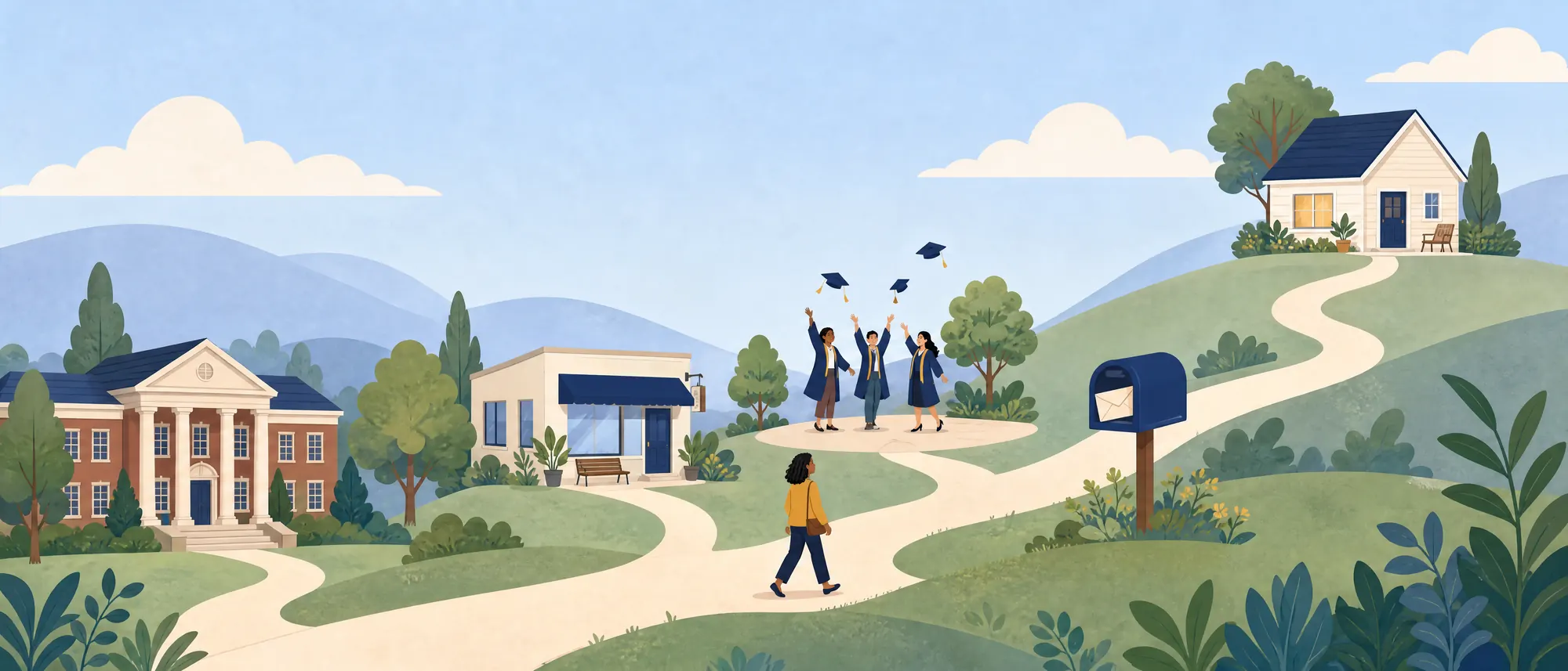 Illustration: a winding path across green hills passes a university, a community clinic, graduates tossing caps, a mailbox with a letter and, at the top of the hill, a small private-practice cottage.