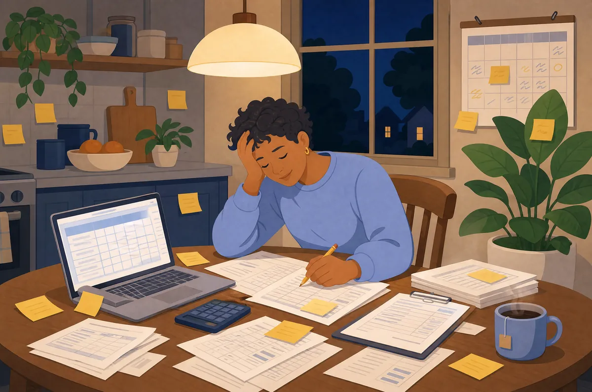 Illustration: late at night at a kitchen table, a tired graduate student rests their head in one hand among timesheets, sticky notes, a calculator and a spreadsheet on a laptop.