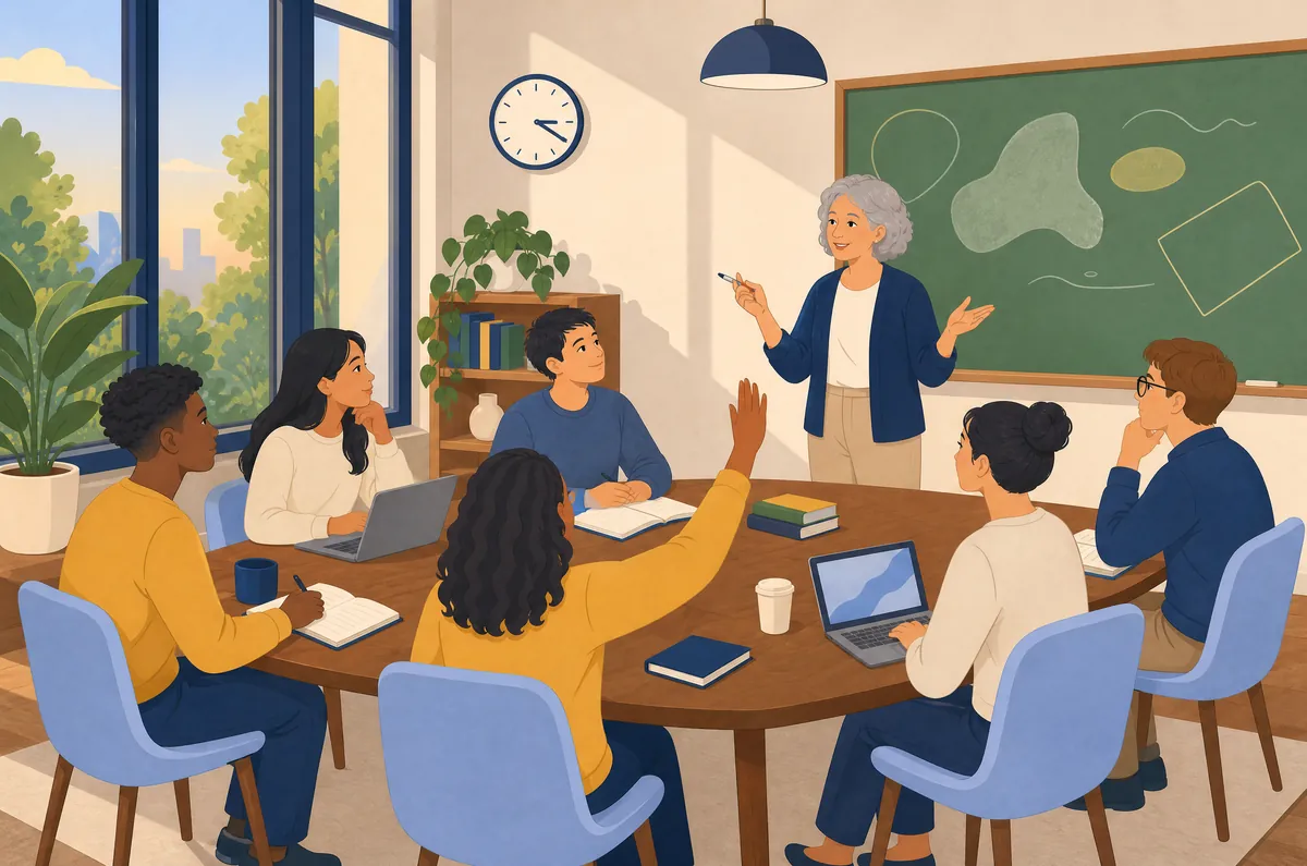 Illustration: a graduate seminar around a walnut table, a student raising a hand as the professor speaks.