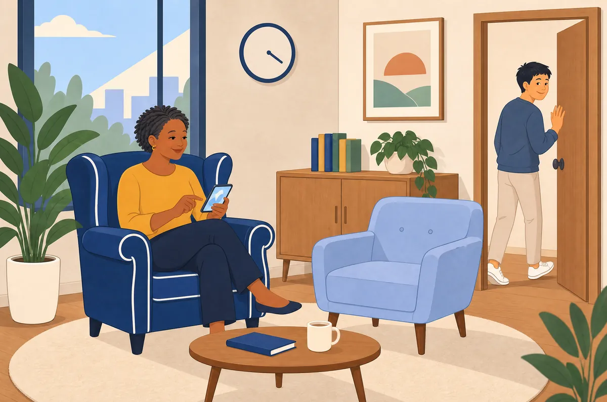 Illustration: as a client waves goodbye at the door, the therapist stays in her navy armchair and taps her phone.