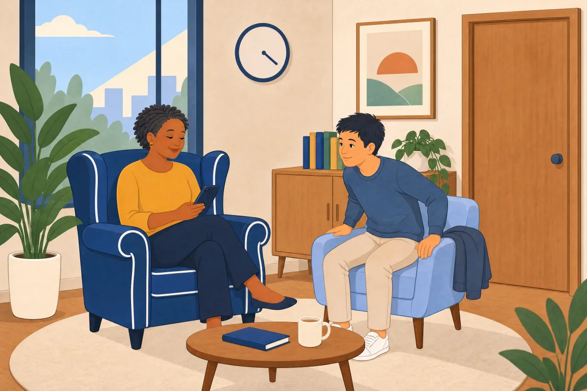 An illustrated therapist preparing to record a session.