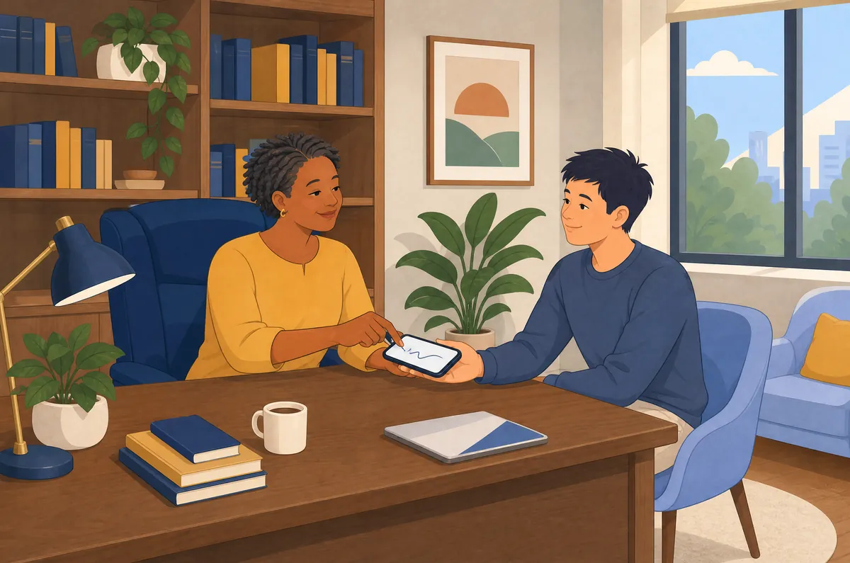 Illustration: across a walnut desk, a supervisor signs with her fingertip on the phone a trainee holds out.