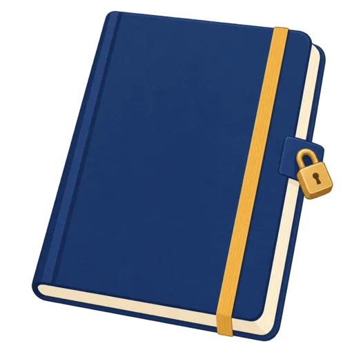 Illustration: a closed navy ledger notebook with a brass lock.