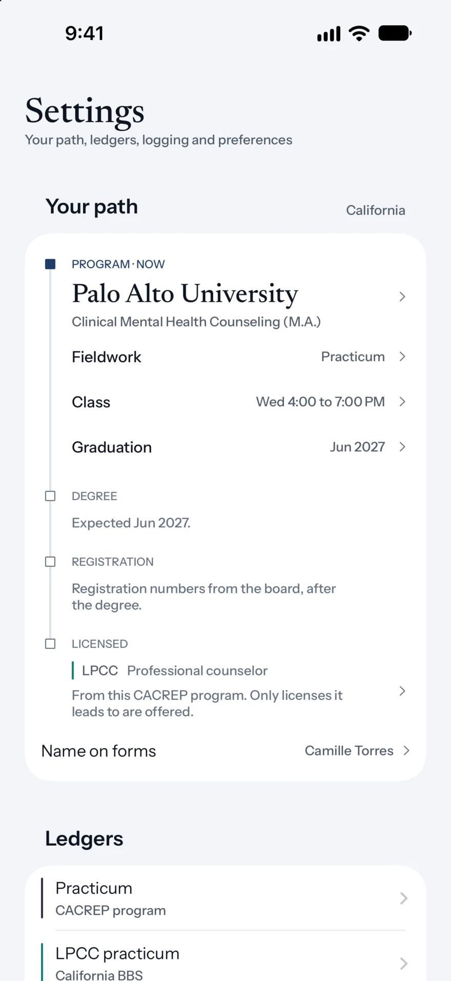Your path in Accrue Settings: Palo Alto University, Clinical Mental Health Counseling, practicum fieldwork, a Wednesday class, graduation in June 2027, then degree, registration and licensed steps.