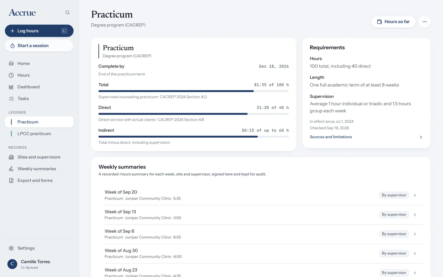 A fictional Practicum ledger in Accrue's web app, with progress, requirements and weekly summaries.